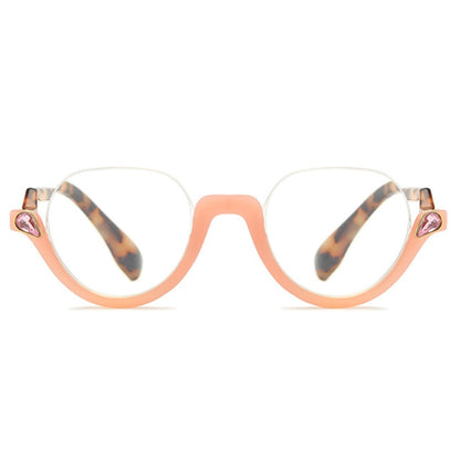 Diamond Studded Cat Eye Presbyopic Glasses Half-frame Fish-filament Glasses Unisex, Degree: +100(Light Pink) - Presbyopic Glasses by PMC Jewellery | Online Shopping South Africa | PMC Jewellery