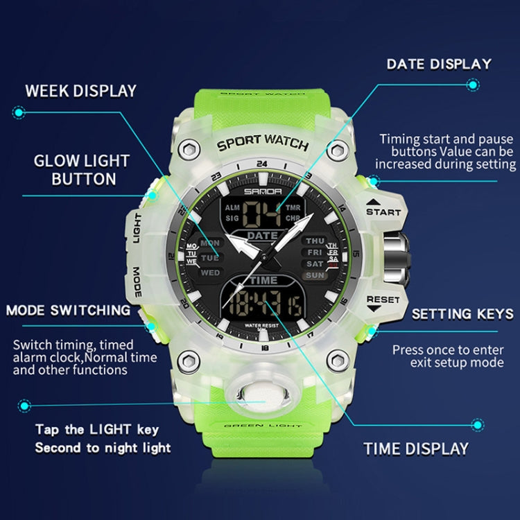 SANDA Green Light Alarm Clock Multifunctional Waterproof Shockproof Transparent Watch(Black Gold) - Silicone Strap Watches by SANDA | Online Shopping South Africa | PMC Jewellery | Buy Now Pay Later Mobicred