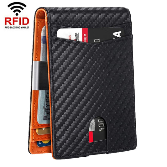 RFID Anti-Magnetic And Anti-Theft Leather Multi-Card Credit Card Wallet Coin Purse(Carbon Fiber Black+Orange Inside) - Antimagnetic RFID Package by PMC Jewellery | Online Shopping South Africa | PMC Jewellery | Buy Now Pay Later Mobicred