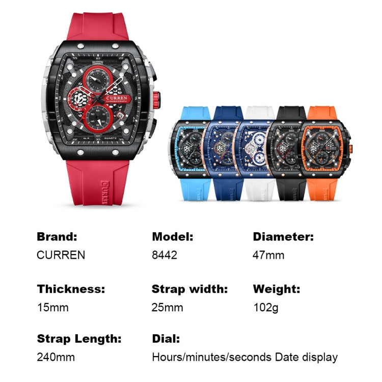 Curren 8442 Sport Six-Hand Silicone Strap Men Quartz Watch, Color: Rose Shell Black - Silicone Strap Watches by Curren | Online Shopping South Africa | PMC Jewellery | Buy Now Pay Later Mobicred