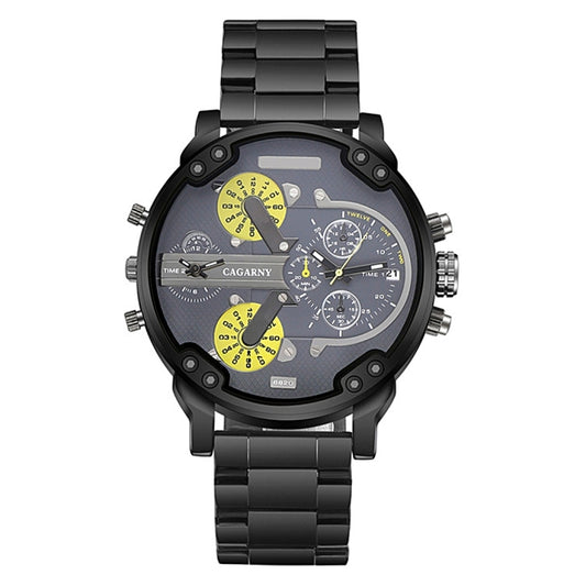 CAGARNY 6820 Fashionable Business Style Large Dial Dual Time Zone Quartz Movement Wrist Watch with Stainless Steel Band & Calendar Function for Men(Black Band Yellow Needle) - Metal Strap Watches by CAGARNY | Online Shopping South Africa | PMC Jewellery | Buy Now Pay Later Mobicred