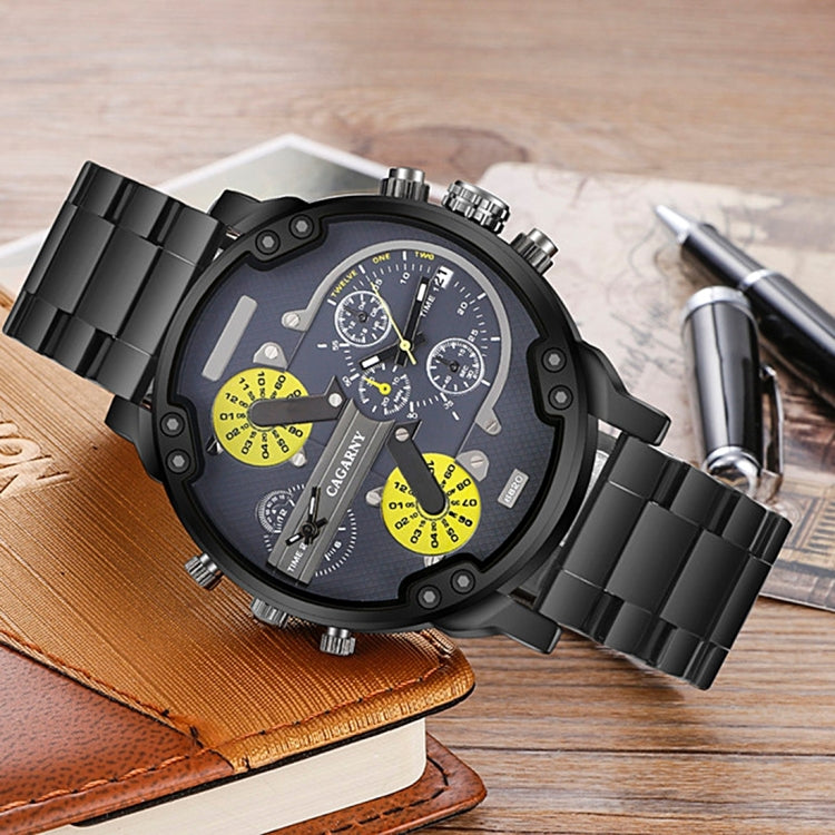 CAGARNY 6820 Fashionable Business Style Large Dial Dual Time Zone Quartz Movement Wrist Watch with Stainless Steel Band & Calendar Function for Men(Black Band Yellow Needle) - Metal Strap Watches by CAGARNY | Online Shopping South Africa | PMC Jewellery | Buy Now Pay Later Mobicred