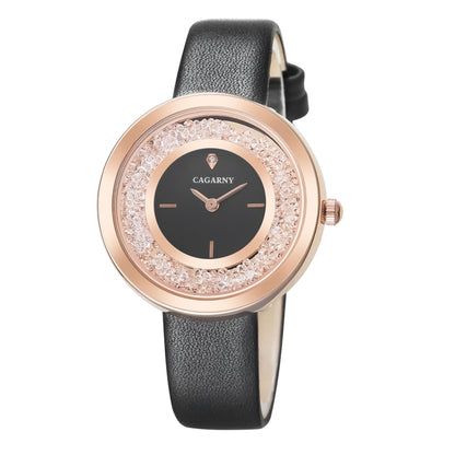 CAGARNY 6878 Water Resistant Fashion Women Quartz Wrist Watch with Leather Band(Black+Gold+Black) - Leather Strap Watches by CAGARNY | Online Shopping South Africa | PMC Jewellery | Buy Now Pay Later Mobicred