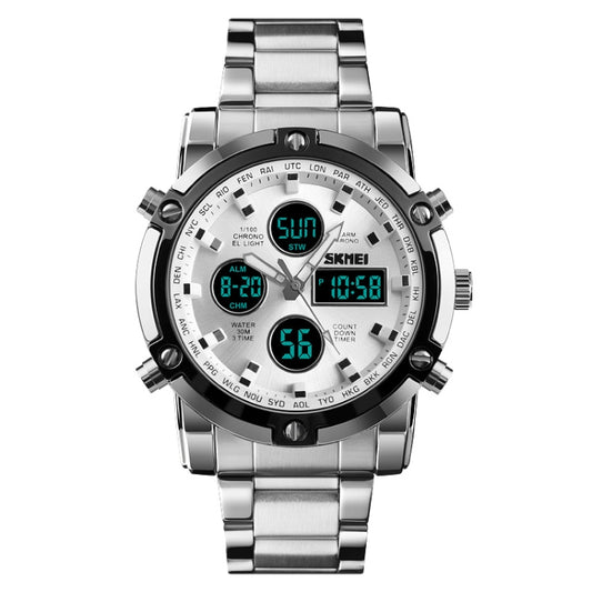 SKMEI 1389 Multifunctional Men Business Digital Watch 30m Waterproof Large Dial Wrist Watch with Stainless Steel Watchband (Silver) - Metal Strap Watches by SKMEI | Online Shopping South Africa | PMC Jewellery | Buy Now Pay Later Mobicred