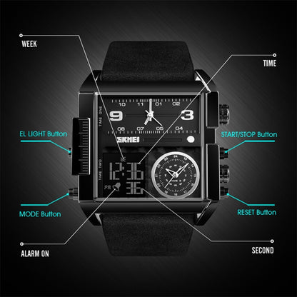 SKMEI 1391 Multifunctional Men Business Digital Watch 30m Waterproof Square Dial Wrist Watch with Leather Watchband(Black+Coffee) - Leather Strap Watches by SKMEI | Online Shopping South Africa | PMC Jewellery | Buy Now Pay Later Mobicred