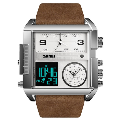 SKMEI 1391 Multifunctional Men Business Digital Watch 30m Waterproof Square Dial Wrist Watch with Leather Watchband(Silver+Coffee) - Leather Strap Watches by SKMEI | Online Shopping South Africa | PMC Jewellery | Buy Now Pay Later Mobicred