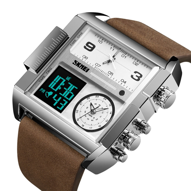 SKMEI 1391 Multifunctional Men Business Digital Watch 30m Waterproof Square Dial Wrist Watch with Leather Watchband(Silver+Coffee) - Leather Strap Watches by SKMEI | Online Shopping South Africa | PMC Jewellery | Buy Now Pay Later Mobicred