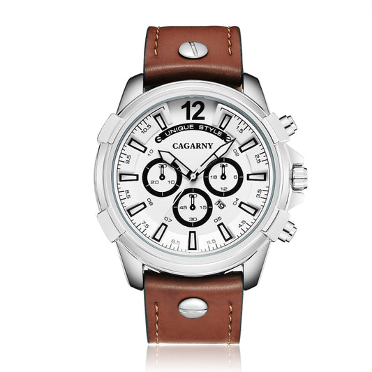 CAGARNY 6882 Fashion Waterproof Polychromatic Metal Shell Quartz Watch with Leather Wristband(Brown Silver) - Leather Strap Watches by CAGARNY | Online Shopping South Africa | PMC Jewellery | Buy Now Pay Later Mobicred